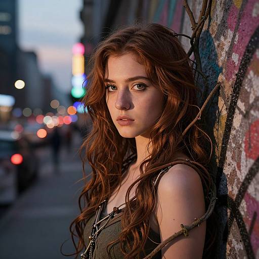 Photograph of a young woman with long, wavy auburn hair, wearing a green tank top, leaning against a graffiti-covered wall in a