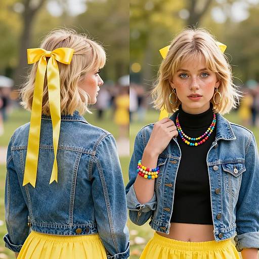 Photograph of a blonde woman in a denim jacket, yellow skirt, and large yellow bow, wearing colorful bead necklaces and bracelets, standing outdoors.