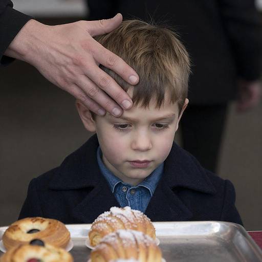 Young Boy Looking at Pastries with Hand on Head