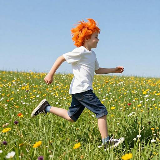 Photograph of a young boy with bright orange spiky hair, wearing a white shirt, dark shorts, and black sneakers, running through a sunny,