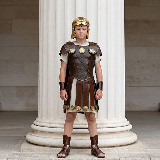 Photograph of a child dressed as a Roman soldier, standing in front of a white column, wearing a gold helmet, black leather armor, and brown