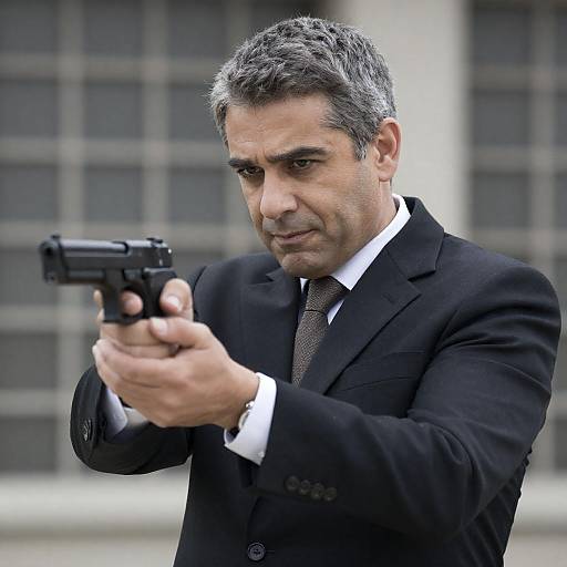Focused Man Aiming Handgun in Suit