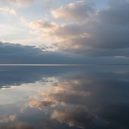 Photograph of a calm, reflective ocean at sunset, with soft clouds in the sky and their mirror image on the water.