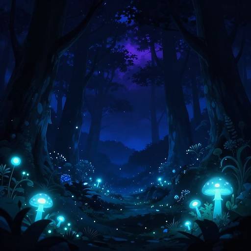 Digital artwork of a dark, mystical forest at night, illuminated by glowing blue mushrooms and tiny bioluminescent fireflies.
