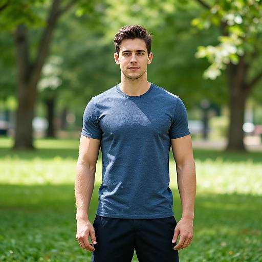 Photograph of a handsome, young, muscular man with short, dark hair, wearing a fitted, navy blue t-shirt and black pants, standing in