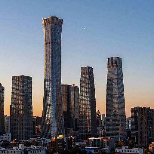 Sunset City Skyline with Curved Skyscraper