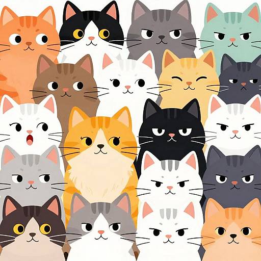 Digital illustration of a colorful, playful group of cartoon cats with various colors, expressions, and sizes, set against a white background.