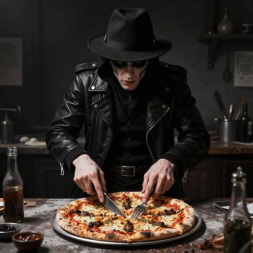 Photograph of a mysterious man in a black leather jacket and wide-brimmed hat, slicing a pizza with toppings in a dimly lit, rustic