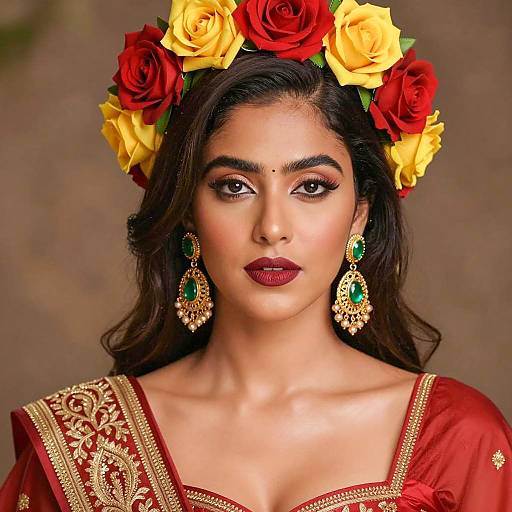 Portrait of Woman with Floral Crown and Traditional Jewelry