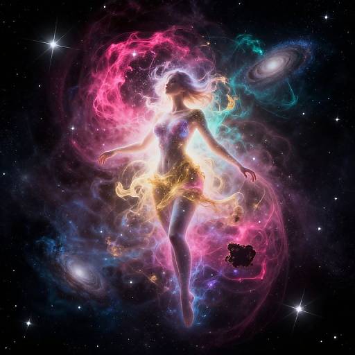 Digital art of a silhouetted female figure surrounded by vibrant, swirling cosmic colors and galaxies, with stars in the dark background.