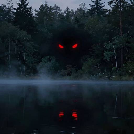 Photograph: Dark forest with eerie red glowing eyes emerging from the shadows, reflected in a mist-covered, still lake at dusk.