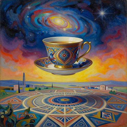 Vibrant digital painting of a floating, ornate teacup and saucer with intricate patterns, above a colorful, swirling galaxy and detailed geometric