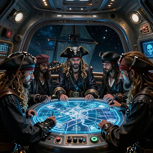 Photograph of five pirate-like men in black leather and tricorn hats, gathered around a glowing blue map table in a futuristic ship's cockpit.