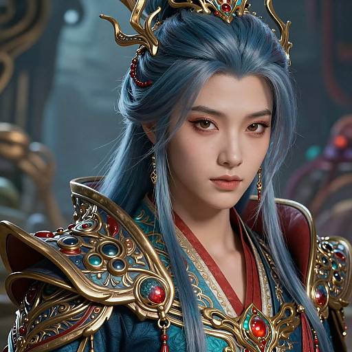 Digital artwork of an androgynous, fair-skinned character with long blue hair, wearing ornate golden armor adorned with red jewels, in a