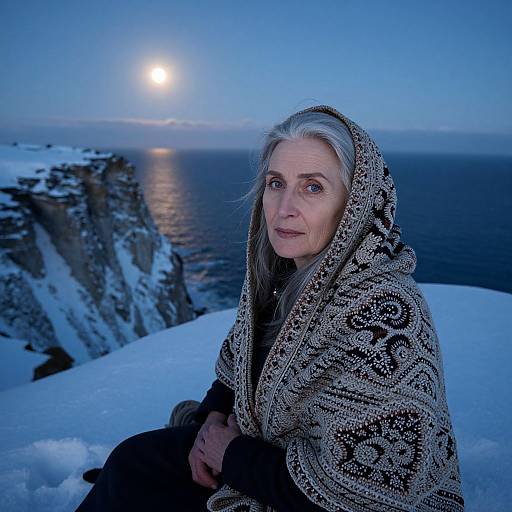 Photograph of a silver-haired woman in a patterned wool hood, sitting on a snowy cliff at twilight, with a glowing moon over the ocean in