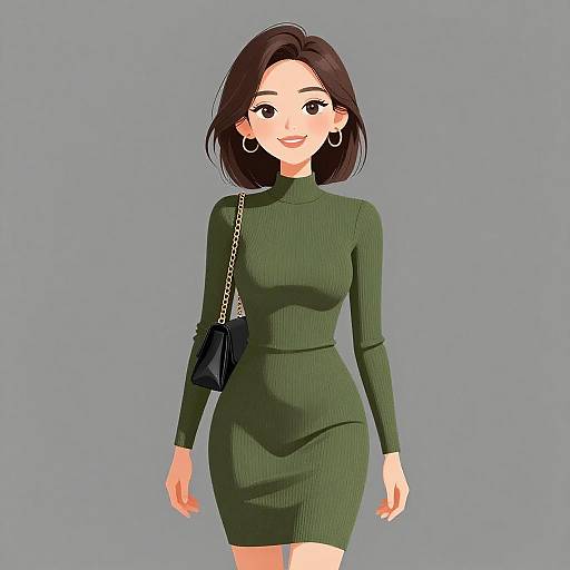 Digital anime-style drawing of a smiling woman with short black hair, wearing a green ribbed turtleneck dress, black shoulder bag, and hoop earrings