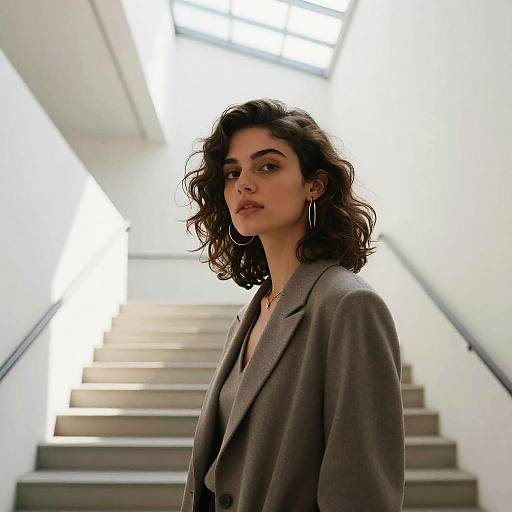 Photograph of a young woman with wavy dark hair, wearing a gray blazer, standing on a bright, modern staircase.