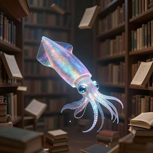 Photograph of a glowing, ethereal squid with blue eyes floating in a dimly lit library filled with floating books and open pages.