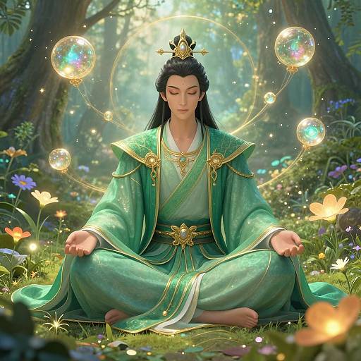Digital artwork of a serene, green-robed, dark-haired meditating figure with glowing orbs in a vibrant, enchanted forest.