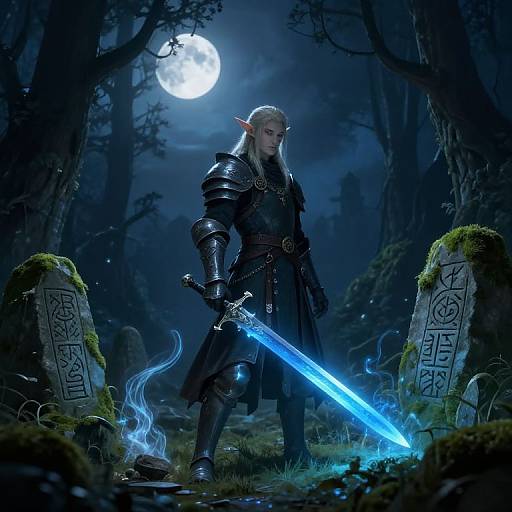 Fantasy illustration of a silver-haired elven warrior with glowing blue sword, standing in moonlit forest between two ancient, moss-covered tombstones.