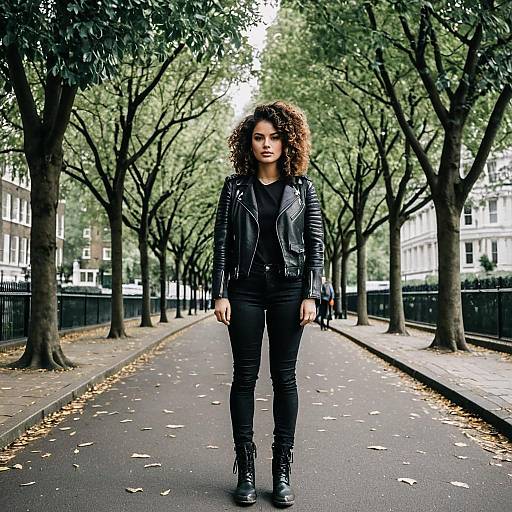 Woman in Leather Jacket on Tree-Lined Urban Street