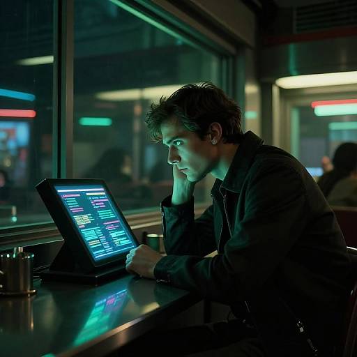 Photograph of a focused man with short dark hair, wearing a black jacket, intensely looking at a glowing laptop in a dimly lit, neon-l