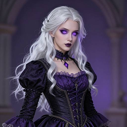Digital artwork of a pale-skinned, white-haired woman with glowing purple eyes, wearing a black, lace-trimmed gothic dress and choker