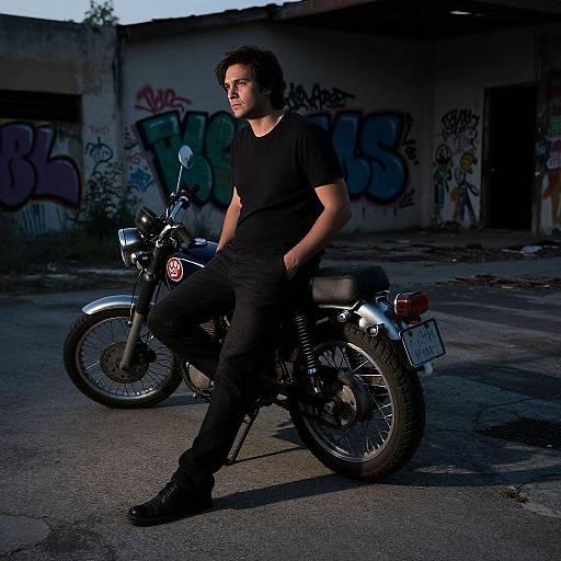 Photograph of a young man with medium-length dark hair, black t-shirt, and pants, leaning against a vintage motorcycle in a graffiti-covered, abandoned
