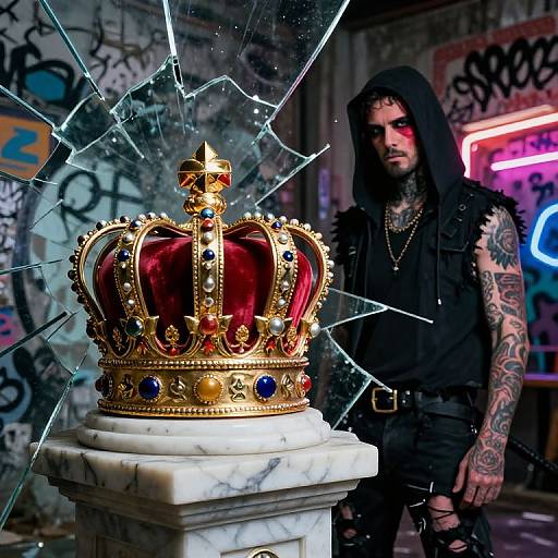 Photograph of a tattooed, black-clad man in hood standing beside a shattered glass display case with a gold, red velvet crown adorned with jewels