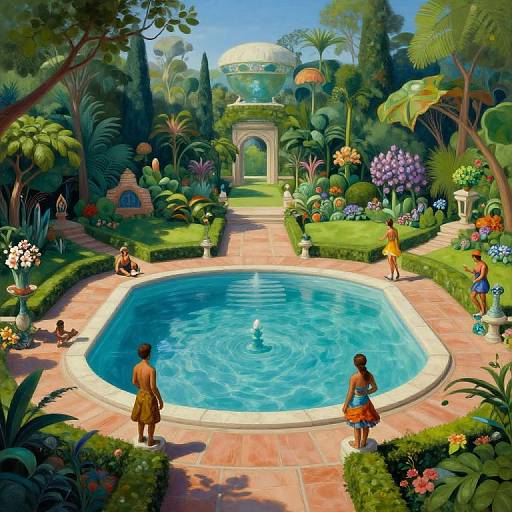 Vibrant digital painting of a lush garden with a central octagonal pool, children playing, colorful flowers, and a grand archway in the background