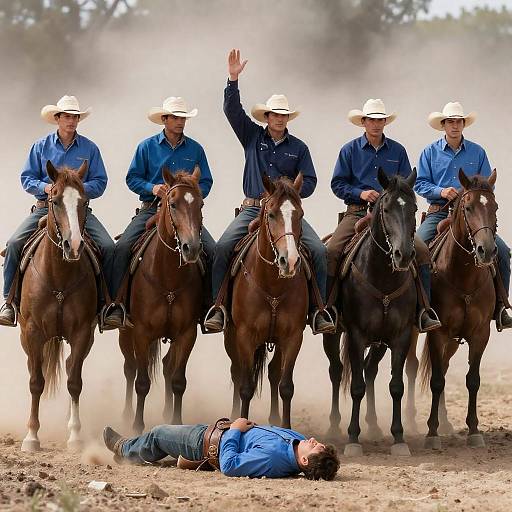 Seven Cowboys in Dusty Rugged Terrain