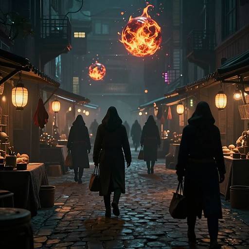 Night market scene with silhouetted people, glowing fire orbs, and warm lanterns along a cobblestone street. Digital artwork with a mystical