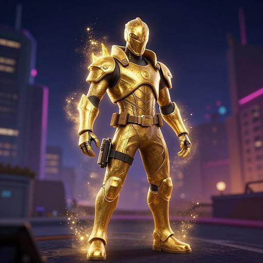 CGI image of a muscular, golden armored superhero with glowing accents, standing in a futuristic cityscape at night. Holding a gun, surrounded by sparks