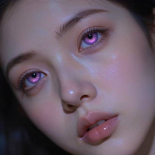 Digital portrait of a young woman with glowing, iridescent purple eyes, glossy pink lips, and smooth, luminous skin against a dark background.