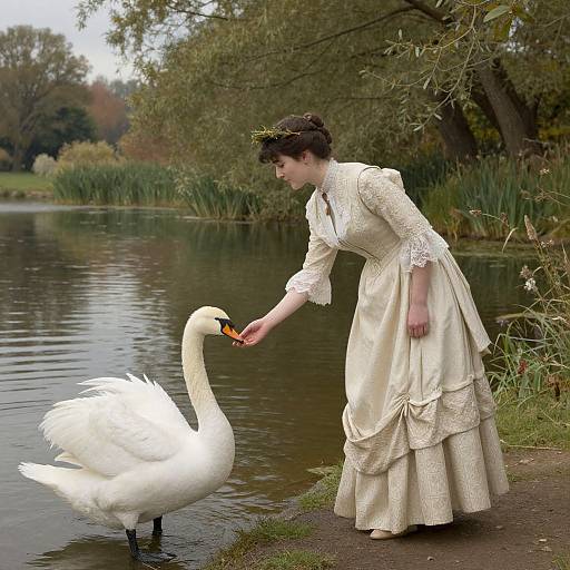 Victorian Woman Feeding Swans by Pond