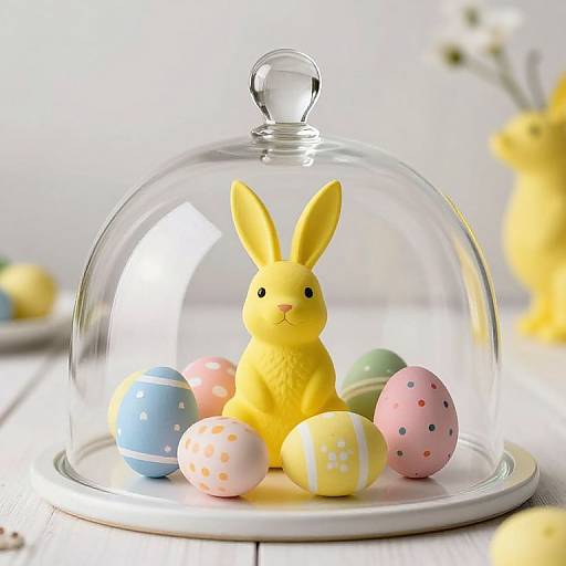 Photograph of a yellow ceramic bunny with black eyes, surrounded by colorful Easter eggs, under a clear glass dome on a white wooden table.