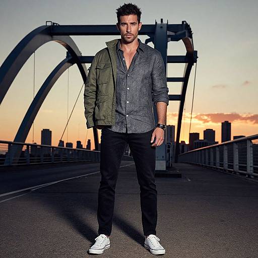 Photograph of a handsome, muscular man with short, spiky dark hair, wearing a gray shirt, green jacket, black pants, and white sneakers