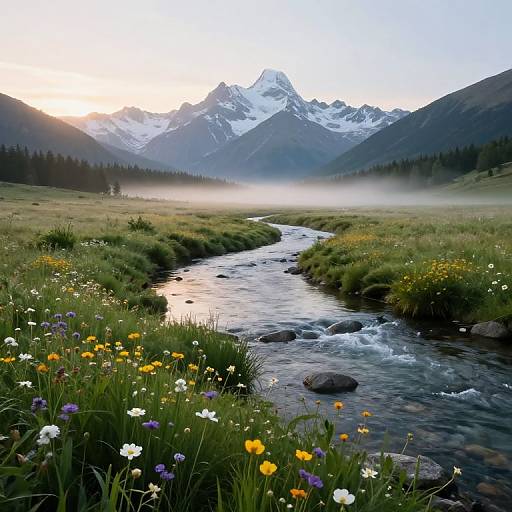 Photograph of a serene mountain landscape at sunrise, featuring a clear, flowing river with colorful wildflowers, misty valley, and snow-capped peaks