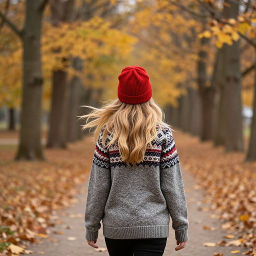 Photograph of a blonde woman with wavy hair, wearing a red knit beanie and gray Nordic-pattern sweater, walking down a leaf-strewn
