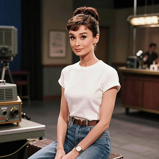 Photograph of a young woman with dark hair in a bun, wearing a white t-shirt, blue jeans, brown belt, and wristwatch, sitting