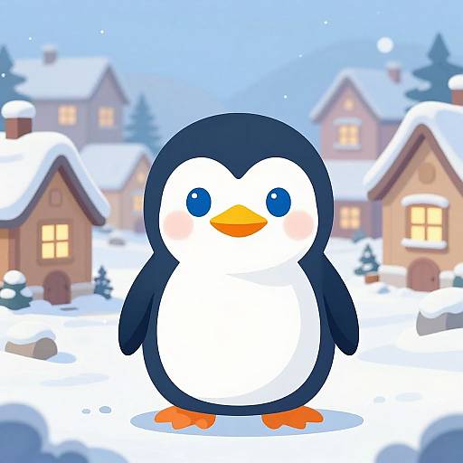 Cute cartoon penguin with blue eyes and orange feet stands in snowy village with lit houses in the background.