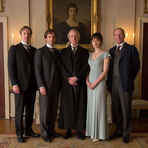 Photograph of five formal guests standing in a luxurious, warmly lit room. Four men in black suits and one woman in a light blue dress, with