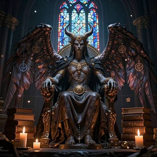 Digital art of a dark, horned, winged deity with intricate armor and robes, sitting on a throne surrounded by candles and books in a dim