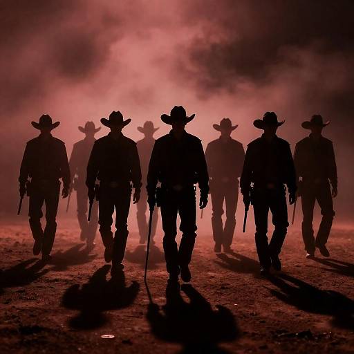 Mysterious Cowboy Silhouettes in Red Fog