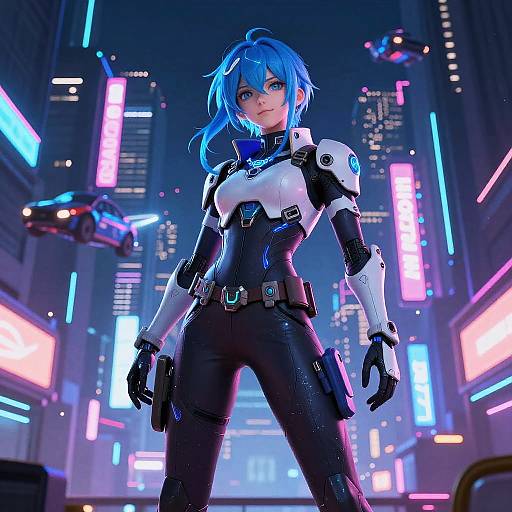 CGI anime-style woman with blue hair and cybernetic armor stands confidently in a neon-lit, futuristic city street at night.