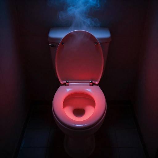 Glowing Red Toilet in Dark Bathroom