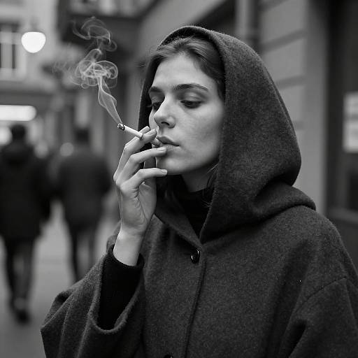 Woman in Hood Smoking a Cigarette