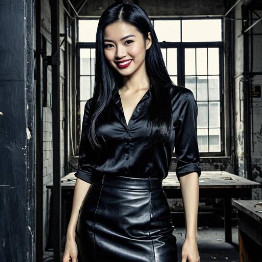 East Asian Woman in Black Leather and Silk
