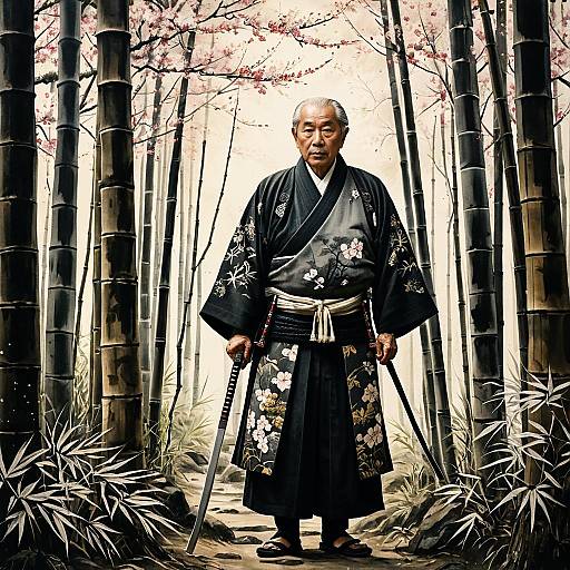 Elderly Samurai in Bamboo Forest