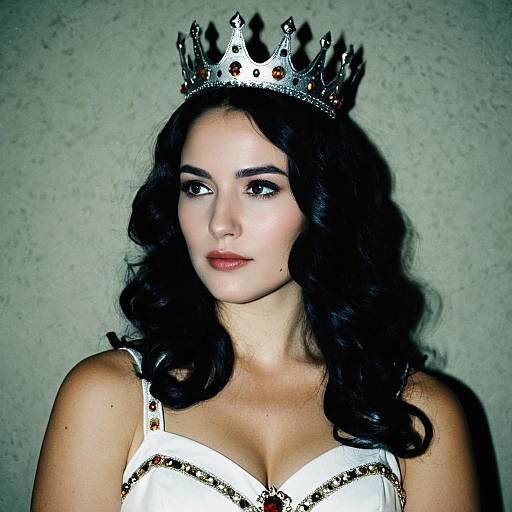 Photograph of a fair-skinned woman with black wavy hair, wearing a silver crown and a white dress with gold accents, set against a textured